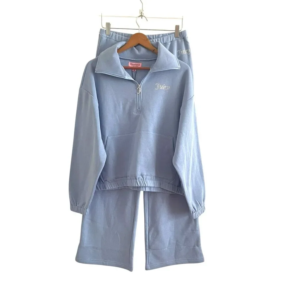Juicy Couture Breezy 1/4 Zip Sweatshirt Wide Leg Sweatpants M Bling Tracksuit